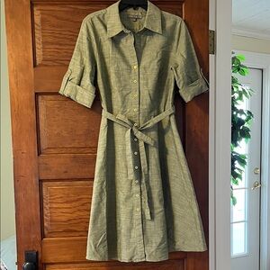 Sharagano Tie Waist Olive Button-DownDress